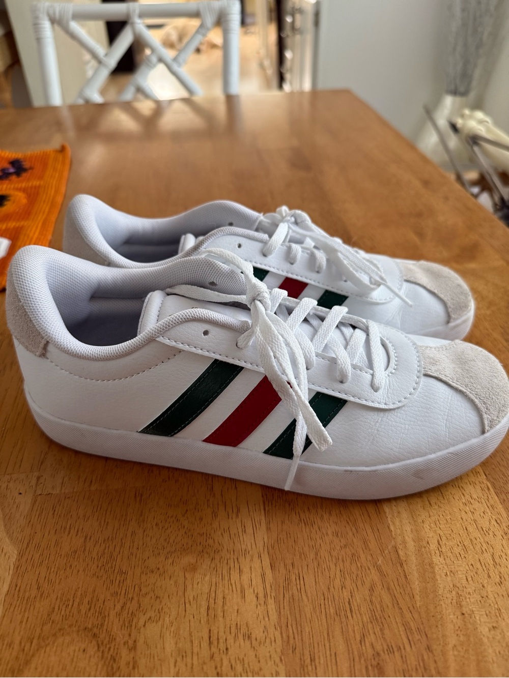 adidas White Sneakers with Green & Red Stripes